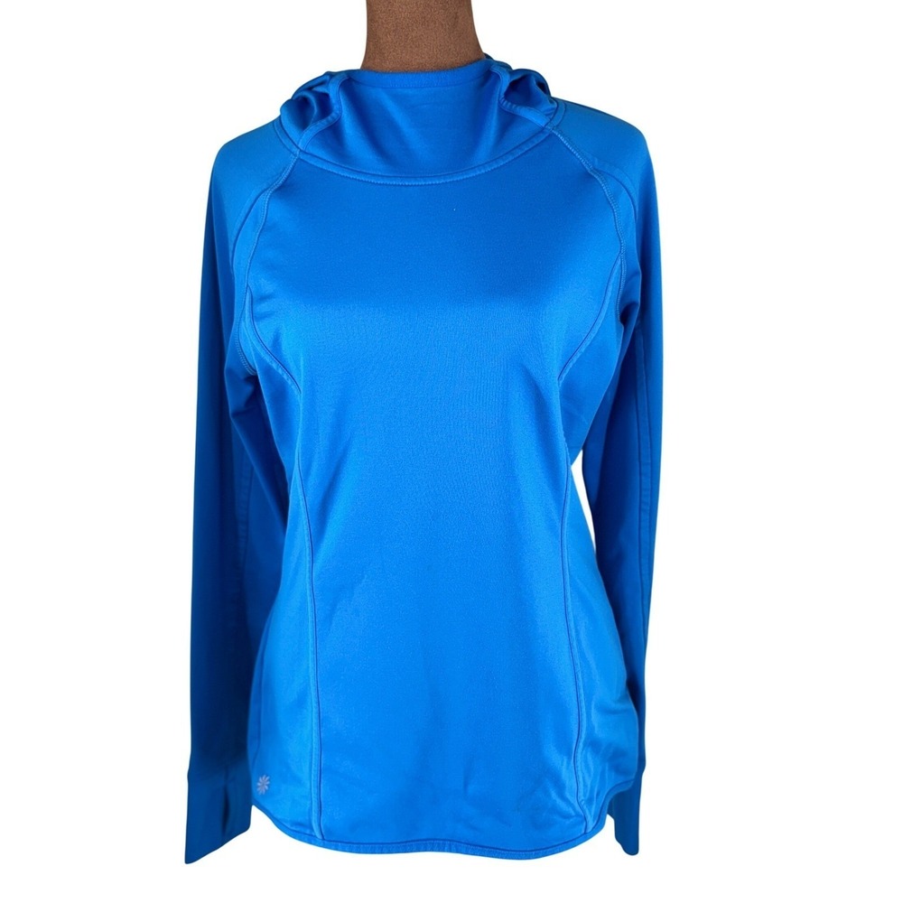 Athleta Plush Tech Hoodie Women Small Blue Pullover Thumb Holes Athleisure EUC‎